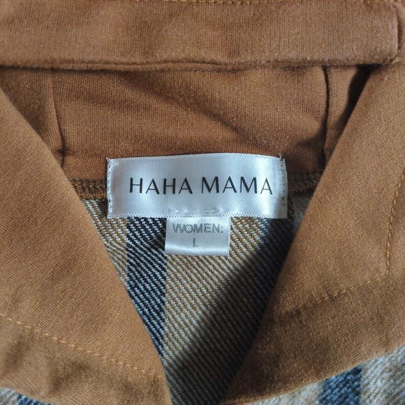 HAHA MAMA Women's Plaid Flannel Hooded Shirt Jacket Brown White Size L - Picture 3 of 7